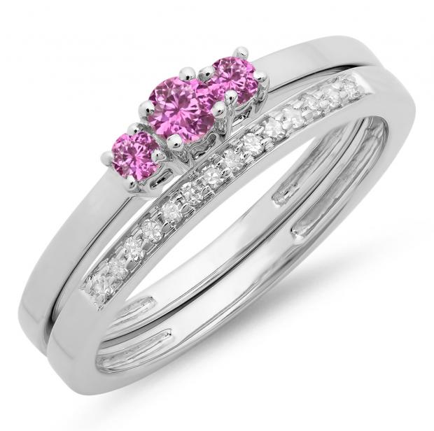 0.33 Carat (ctw) 10K White Gold Round Cut Pink Sapphire & White Diamond Ladies Bridal Engagement 3 Stone Ring With Matching Wedding Band Set 1/3 CT