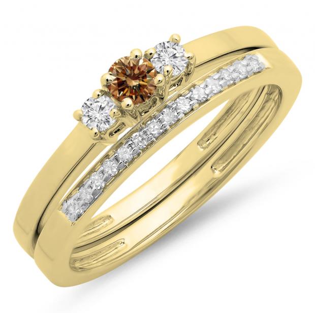 0.33 Carat (ctw) 10K Yellow Gold Round Cut White & Champagne Diamond Ladies Bridal Engagement 3 Stone Ring With Matching Wedding Band Set 1/3 CT