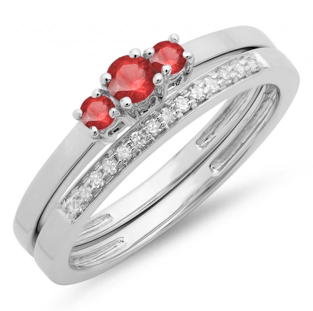 0.33 Carat (ctw) 10K White Gold Round Cut Red Ruby & White Diamond Ladies Bridal Engagement 3 Stone Ring With Matching Wedding Band Set 1/3 CT