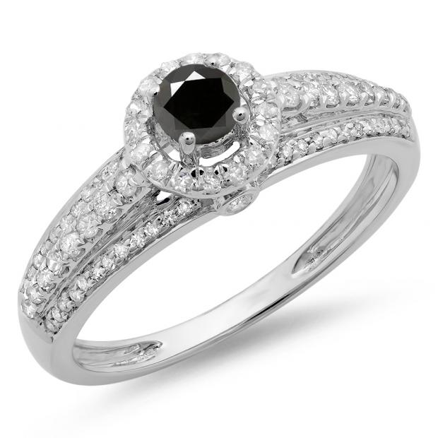 0.75 Carat (ctw) 10K White Gold Round Cut White & Black Diamond Ladies Bridal Halo Style Engagement Ring 3/4 CT