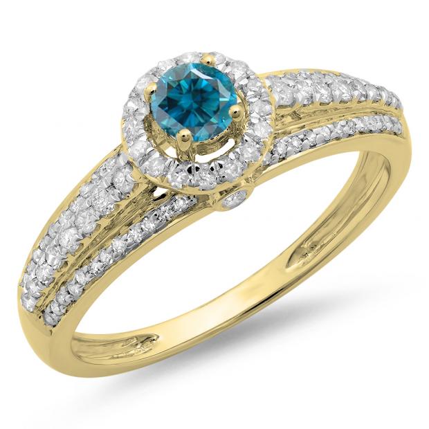 0.75 Carat (ctw) 14K Yellow Gold Round Cut White & Blue Diamond Ladies Bridal Halo Style Engagement Ring 3/4 CT