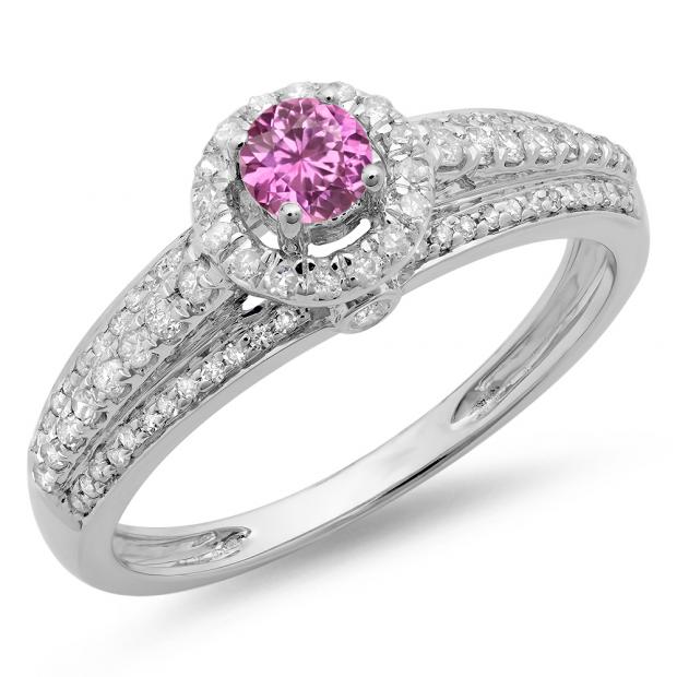 0.75 Carat (ctw) 14K White Gold Round Cut Pink Sapphire & White Diamond Ladies Bridal Halo Style Engagement Ring 3/4 CT
