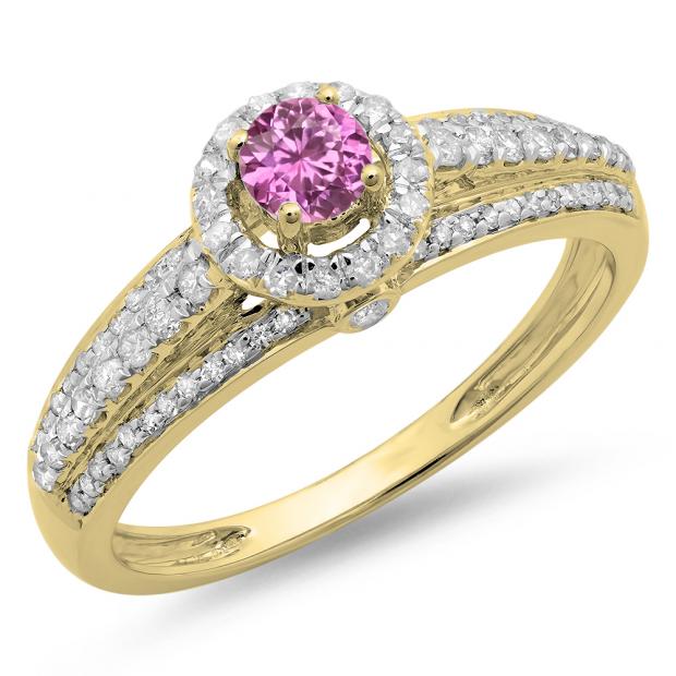 0.75 Carat (ctw) 14K Yellow Gold Round Cut Pink Sapphire & White Diamond Ladies Bridal Halo Style Engagement Ring 3/4 CT