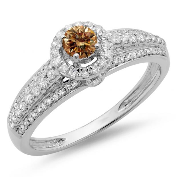 0.75 Carat (ctw) 10K White Gold Round Cut White & Champagne Diamond Ladies Bridal Halo Style Engagement Ring 3/4 CT