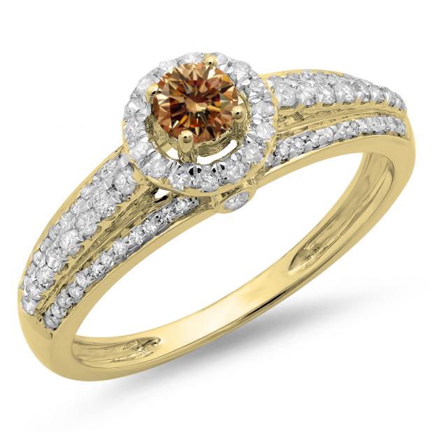 0.75 Carat (ctw) 10K Yellow Gold Round Cut White & Champagne Diamond Ladies Bridal Halo Style Engagement Ring 3/4 CT