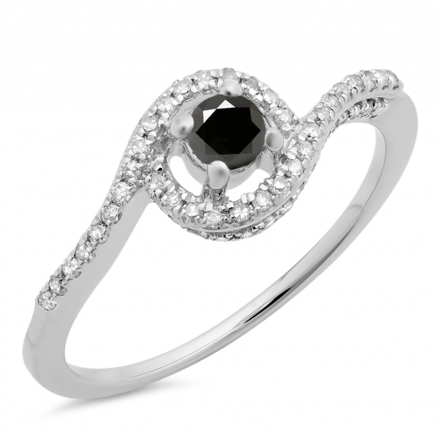 0.50 Carat (ctw) 14K White Gold Round Cut White & Black Diamond Ladies Twisted Swirl Bridal Halo Engagement Ring 1/2 CT