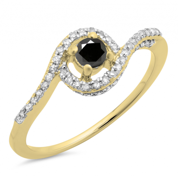 0.50 Carat (ctw) 14K Yellow Gold Round Cut White & Black Diamond Ladies Twisted Swirl Bridal Halo Engagement Ring 1/2 CT