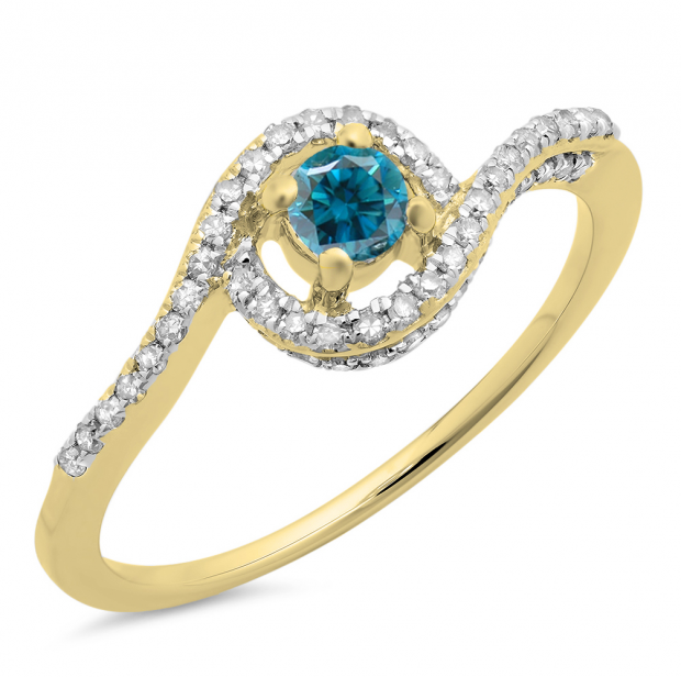0.50 Carat (ctw) 14K Yellow Gold Round Cut White & Blue Diamond Ladies Twisted Swirl Bridal Halo Engagement Ring 1/2 CT