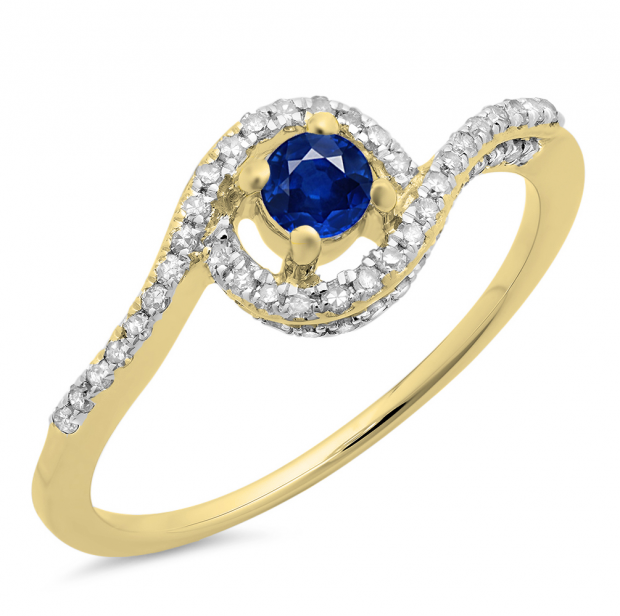0.50 Carat (ctw) 14K Yellow Gold Round Cut Blue Sapphire & White Diamond Ladies Twisted Swirl Bridal Halo Engagement Ring 1/2 CT