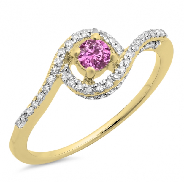 0.50 Carat (ctw) 18K Yellow Gold Round Cut Pink Sapphire & White Diamond Ladies Twisted Swirl Bridal Halo Engagement Ring 1/2 CT