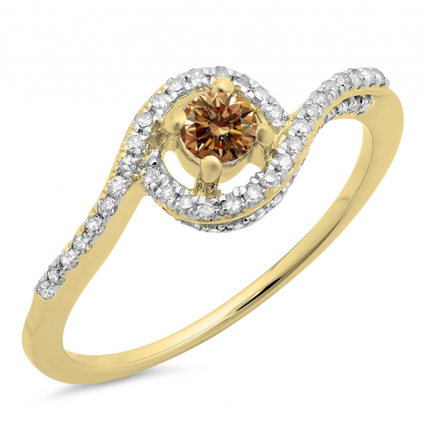 0.50 Carat (ctw) 10K Yellow Gold Round Cut White & Champagne Diamond Ladies Twisted Swirl Bridal Halo Engagement Ring 1/2 CT
