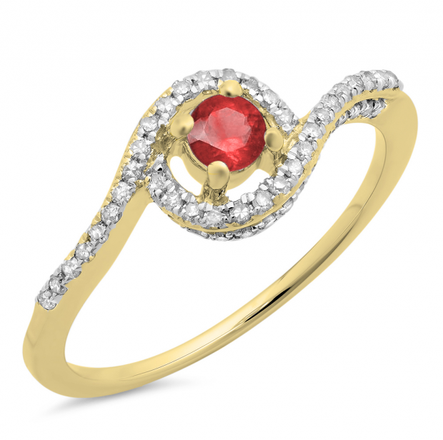 0.50 Carat (ctw) 10K Yellow Gold Round Cut Red Ruby & White Diamond Ladies Twisted Swirl Bridal Halo Engagement Ring 1/2 CT