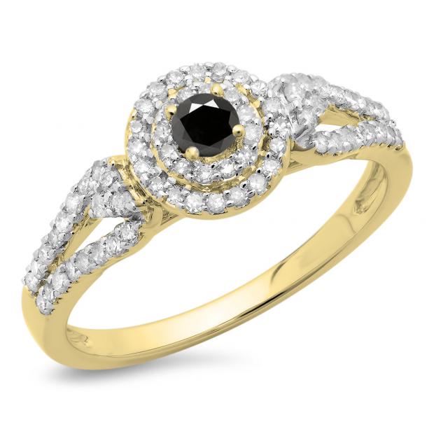 0.60 Carat (ctw) 10K Yellow Gold Round Cut White & Black Diamond Ladies Split Shank Vintage Style Bridal Halo Engagement Ring