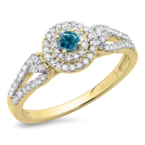 0.60 Carat (ctw) 14K Yellow Gold Round Cut White & Blue Diamond Ladies Split Shank Vintage Style Bridal Halo Engagement Ring