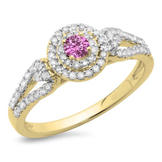 0.60 Carat (ctw) 14K Yellow Gold Round Cut Pink Sapphire & White Diamond Ladies Split Shank Vintage Style Bridal Halo Engagement Ring