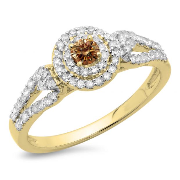 0.60 Carat (ctw) 10K Yellow Gold Round Cut White & Champagne Diamond Ladies Split Shank Vintage Style Bridal Halo Engagement Ring