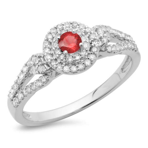 0.60 Carat (ctw) 10K White Gold Round Cut Red Ruby & White Diamond Ladies Split Shank Vintage Style Bridal Halo Engagement Ring