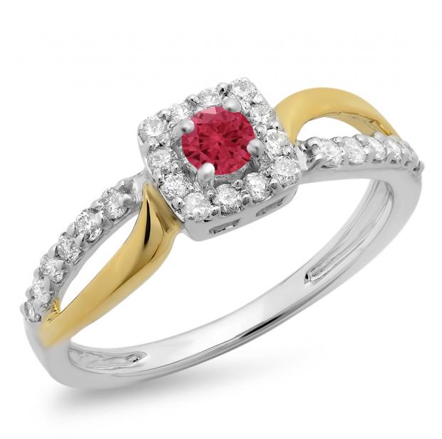 0.55 Carat (ctw) 18K Two Tone Gold Round Cut Red Ruby & White Diamond Ladies Split Shank Bridal Halo Engagement Ring 1/2 CT