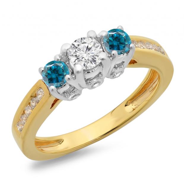 1.00 Carat (ctw) 14K Two Tone Gold Round Cut White & Blue Diamond Ladies 3 Stone Bridal Engagement Ring 1 CT