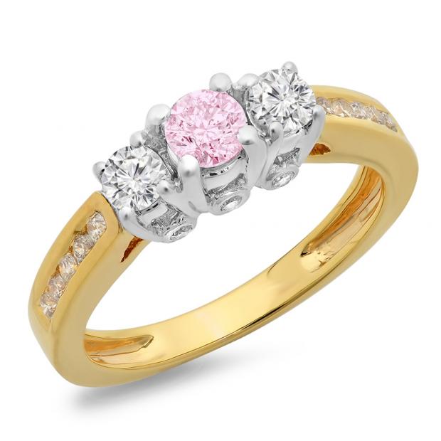 1.00 Carat (ctw) 14K Two Tone Gold Round Cut Pink Sapphire & White Diamond Ladies 3 Stone Bridal Engagement Ring 1 CT