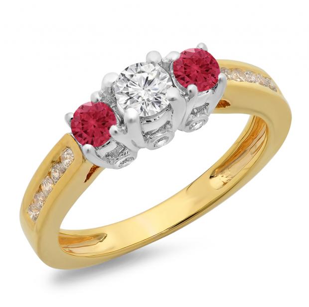 1.00 Carat (ctw) 14K Two Tone Gold Round Cut Red Ruby & White Diamond Ladies 3 Stone Bridal Engagement Ring 1 CT