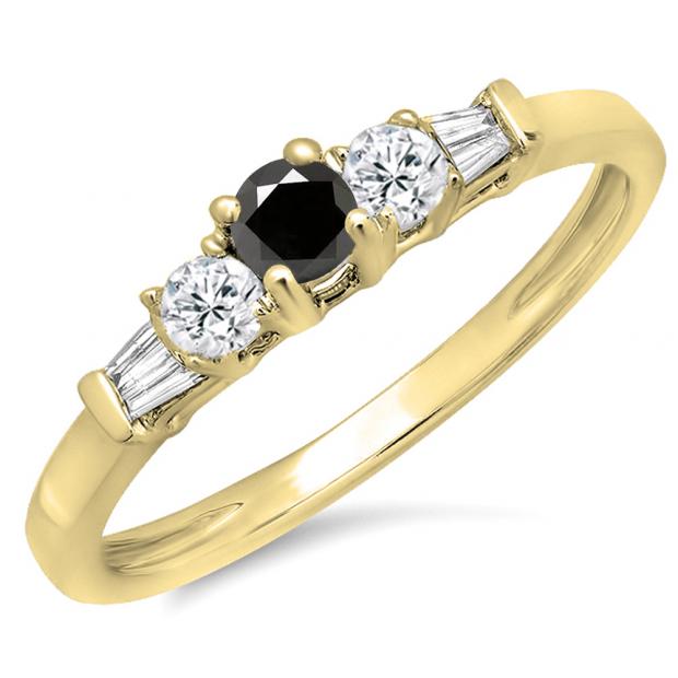 0.45 Carat (ctw) 10K Yellow Gold Round & Baguette Cut White & Black Diamond Ladies 3 Stone Engagement Bridal Ring