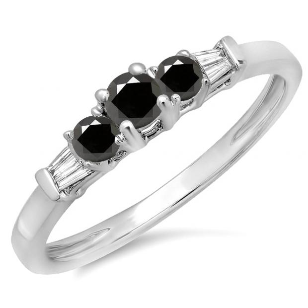 0.45 Carat (ctw) 10K White Gold Round & Baguette Cut White & Black Diamond Ladies 3 Stone Engagement Bridal Ring