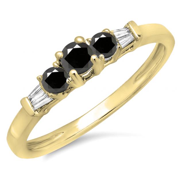 0.45 Carat (ctw) 14K Yellow Gold Round & Baguette Cut White & Black Diamond Ladies 3 Stone Engagement Bridal Ring