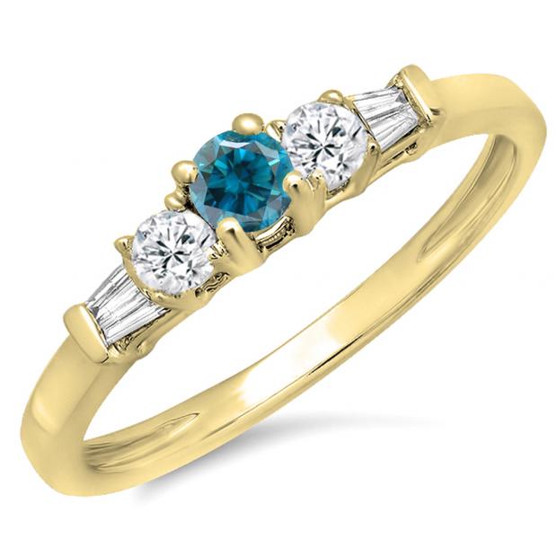 0.45 Carat (ctw) 14K Yellow Gold Round & Baguette Cut White & Blue Diamond Ladies 3 Stone Engagement Bridal Ring