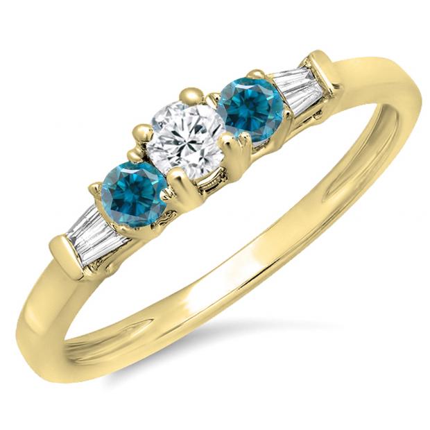 0.45 Carat (ctw) 14K Yellow Gold Round & Baguette Cut White & Blue Diamond Ladies 3 Stone Engagement Bridal Ring