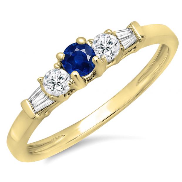 0.45 Carat (ctw) 14K Yellow Gold Round & Baguette Cut Blue Sapphire & White Diamond Ladies 3 Stone Engagement Bridal Ring