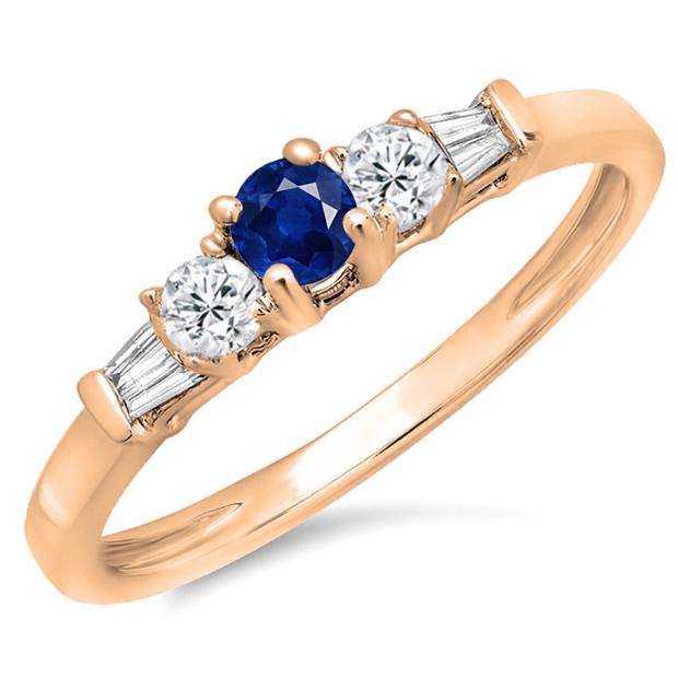 0.45 Carat (ctw) 18K Rose Gold Round & Baguette Cut White & Blue Sapphire Diamond Ladies 3 Stone Engagement Bridal Ring