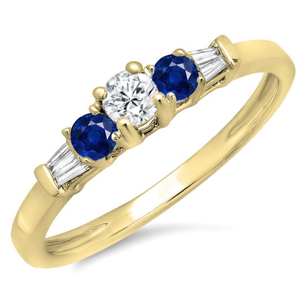 0.45 Carat (ctw) 14K Yellow Gold Round & Baguette Cut Blue Sapphire & White Diamond Ladies 3 Stone Engagement Bridal Ring