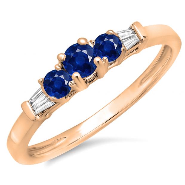 0.45 Carat (ctw) 14K Yellow Gold Round & Baguette Cut Blue Sapphire & White Diamond Ladies 3 Stone Engagement Bridal Ring
