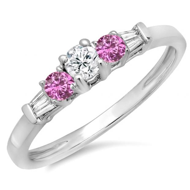 0.45 Carat (ctw) 14K White Gold Round & Baguette Cut Pink Sapphire & White Diamond Ladies 3 Stone Engagement Bridal Ring