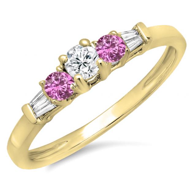 0.45 Carat (ctw) 14K Yellow Gold Round & Baguette Cut Pink Sapphire & White Diamond Ladies 3 Stone Engagement Bridal Ring