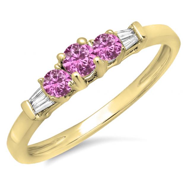 0.45 Carat (ctw) 14K Yellow Gold Round & Baguette Cut Pink Sapphire & White Diamond Ladies 3 Stone Engagement Bridal Ring