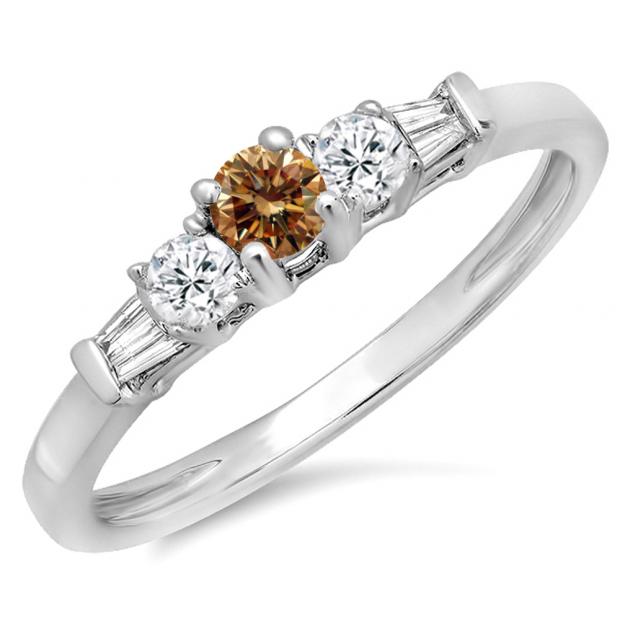 0.45 Carat (ctw) 10K White Gold Round & Baguette Cut Champagne & White Diamond Ladies 3 Stone Engagement Bridal Ring