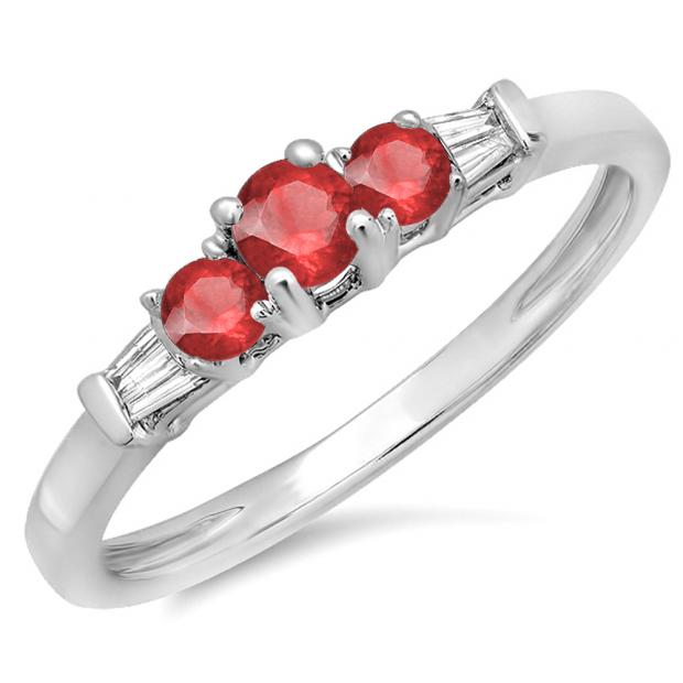 0.45 Carat (ctw) 14K White Gold Round & Baguette Cut Red Ruby & White Diamond Ladies 3 Stone Engagement Bridal Ring