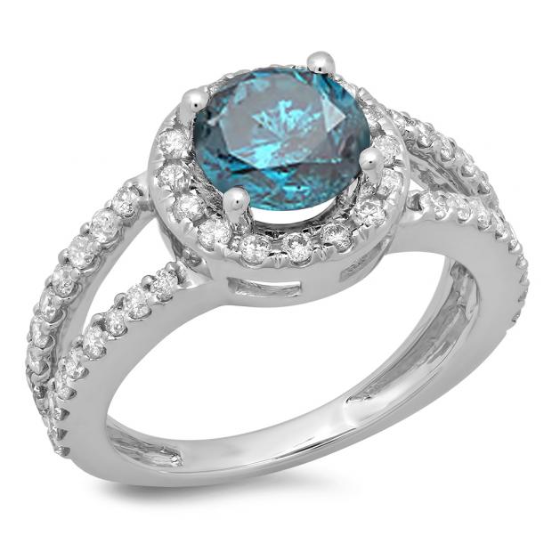 2.33 Carat (ctw) 10K White Gold Round Blue & White Diamond Ladies Bridal Split Shank Halo Style Engagement Ring