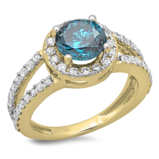 2.33 Carat (ctw) 14K Yellow Gold Round Blue & White Diamond Ladies Bridal Split Shank Halo Style Engagement Ring
