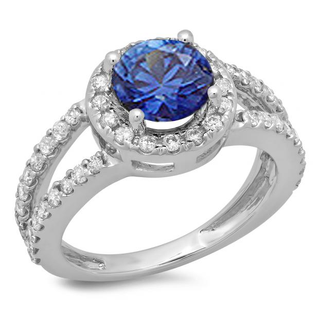 2.33 Carat (ctw) 10K White Gold Round Blue Sapphire & White Diamond Ladies Bridal Split Shank Halo Style Engagement Ring