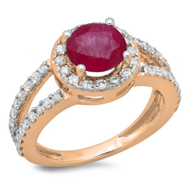 2.33 Carat (ctw) 14K Rose Gold Round Red Ruby & White Diamond Ladies Bridal Split Shank Halo Style Engagement Ring