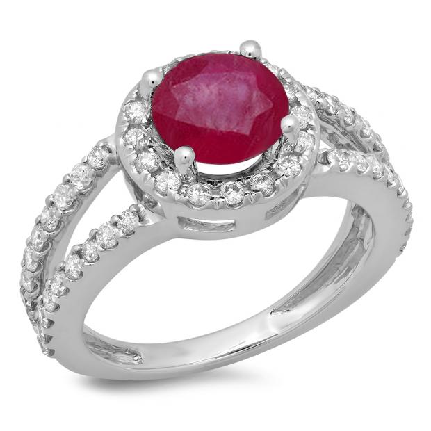 2.33 Carat (ctw) 18K White Gold Round Red Ruby & White Diamond Ladies Bridal Split Shank Halo Style Engagement Ring