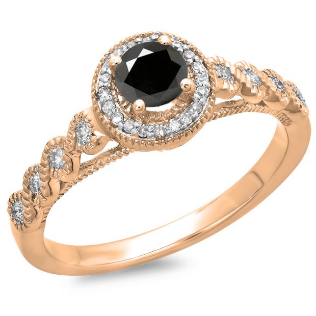 0.55 Carat (ctw) 14K Rose Gold Round Cut White & Black Diamond Ladies Bridal Vintage & Antique Milgrain Halo Style Engagement Ring 1/2 CT