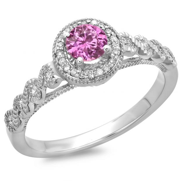 0.55 Carat (ctw) 18K White Gold Round Cut Pink Sapphire & White Diamond Ladies Bridal Vintage & Antique Milgrain Halo Style Engagement Ring 1/2 CT