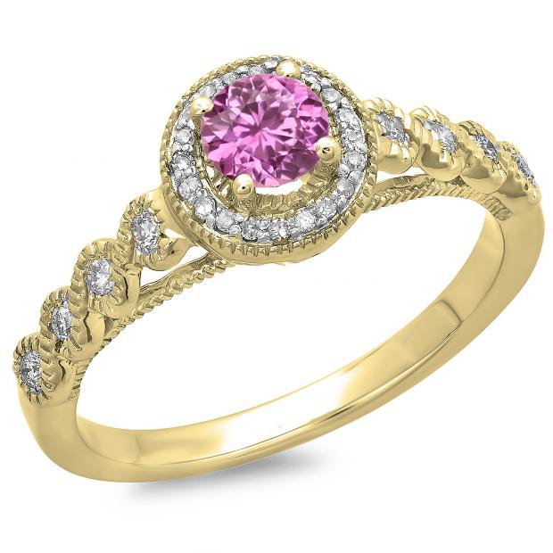 0.55 Carat (ctw) 18K Yellow Gold Round Cut Pink Sapphire & White Diamond Ladies Bridal Vintage & Antique Milgrain Halo Style Engagement Ring 1/2 CT