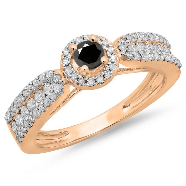 0.80 Carat (ctw) 14K Rose Gold Round Cut White & Black Diamond Ladies Bridal Vintage Halo Style Engagement Ring 3/4 CT
