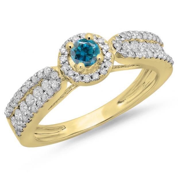 0.80 Carat (ctw) 14K Yellow Gold Round Cut White & Blue Diamond Ladies Bridal Vintage Halo Style Engagement Ring 3/4 CT