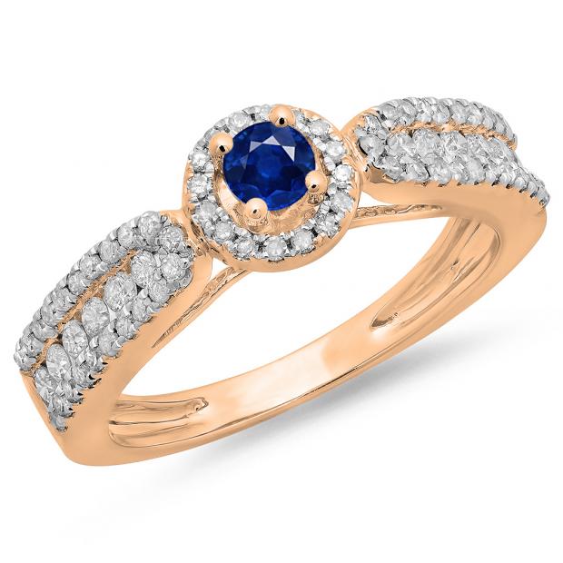 0.80 Carat (ctw) 14K Rose Gold Round Cut Blue Sapphire & White Diamond Ladies Bridal Vintage Halo Style Engagement Ring 3/4 CT